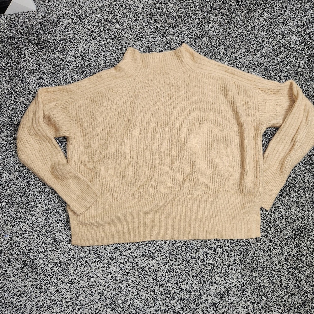LUSH Tan / Camel knit sweater Hi Neck Cropped Side Slits Women Sz sm, Oversized
